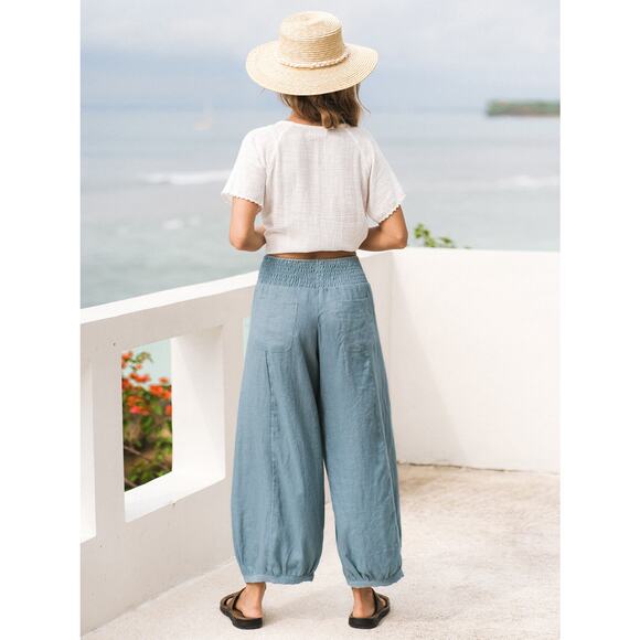 NWT Nomad The Label Sadhu French Linen Pants Tahiti Blue Medium/12 Sustainable - Picture 2 of 11